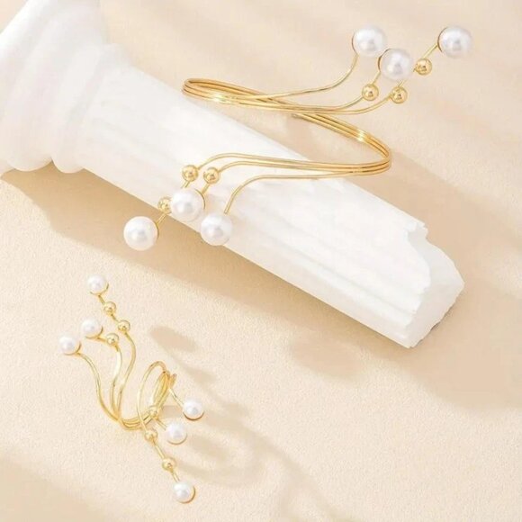 Classic 2 Pcs/Set Gold Plated Tiered Line Pearl Ring Statement Bangle Bracelet - Picture 3 of 4